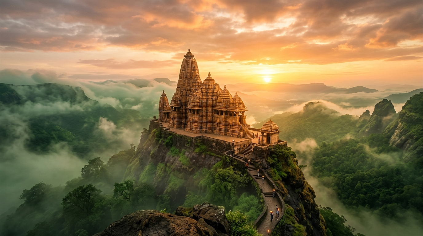 Cinematic temple and mountain travel visual